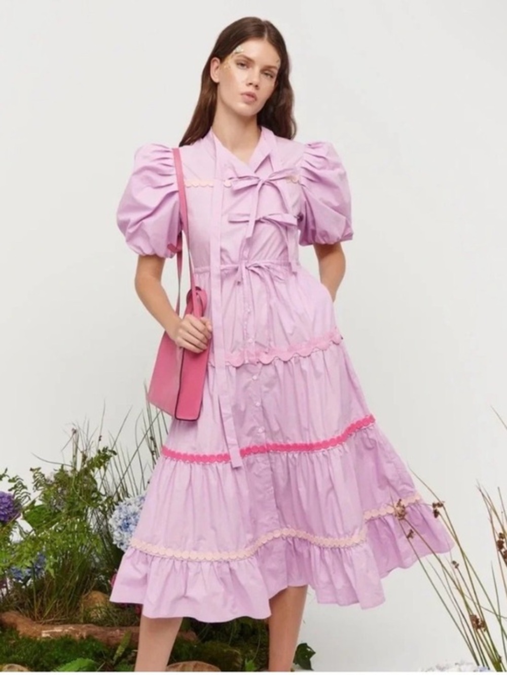NEW CeliaB Tyra Midi Dress in Lavender Puff Sleeve, High Neck Tie Front, Sz: S